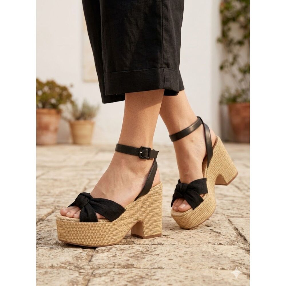 Sam Edelman Platform Sandals 9 Bow 70s Retro Festival Party Resort Y2K Black